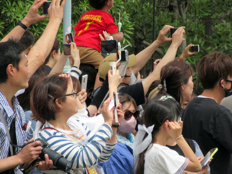 ミッキーらの姿が見え、スマホを向ける沿道の観客＝浦安市