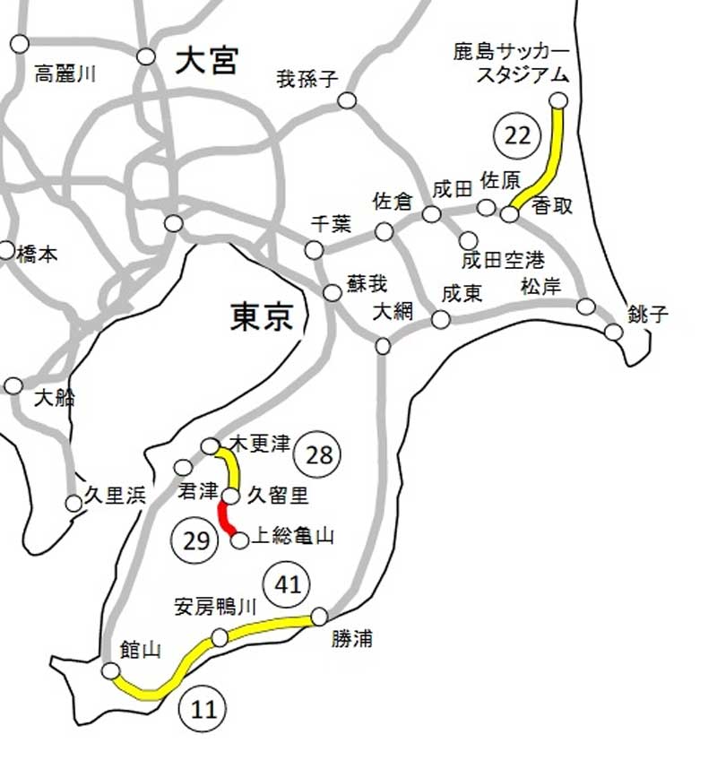 千葉県内の開示対象線区の利用状況。2022年度の平均通過人員が1日1000人以上~2000人未満の区間が黄色、1日500人未満の区間が赤色(JR東日本の発表資料より)