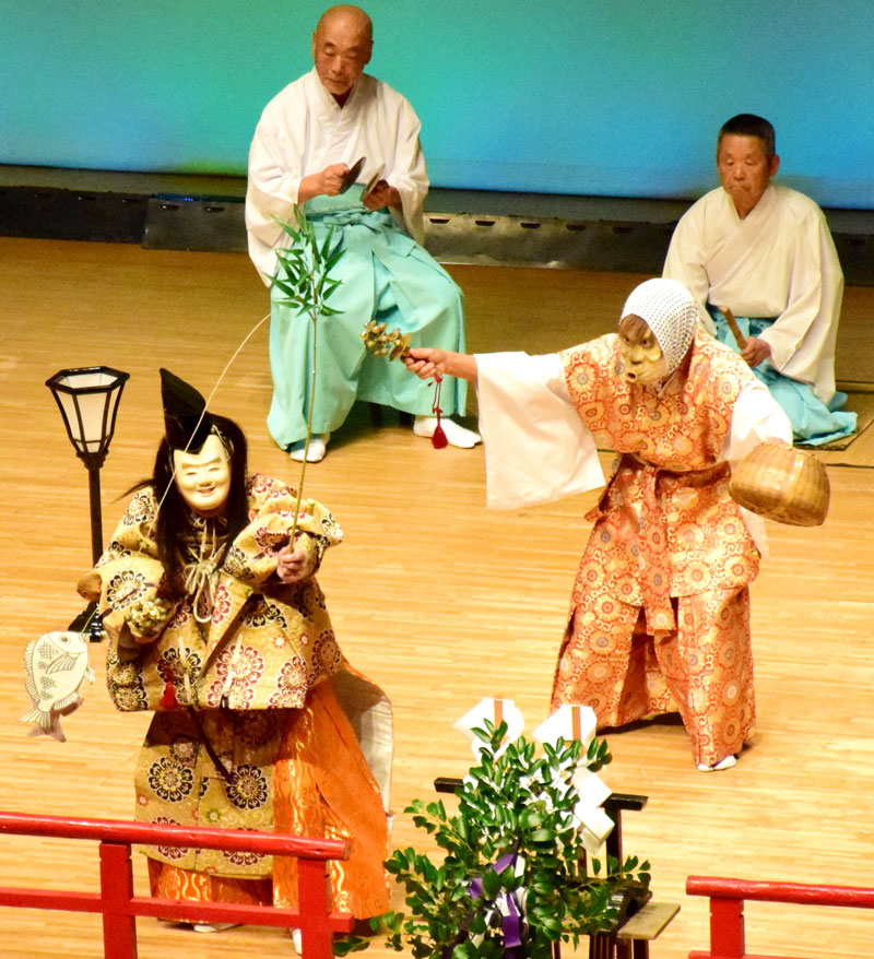 玉前神社神楽の演目「蛭子(えびす)」でタイをつり上げる場面