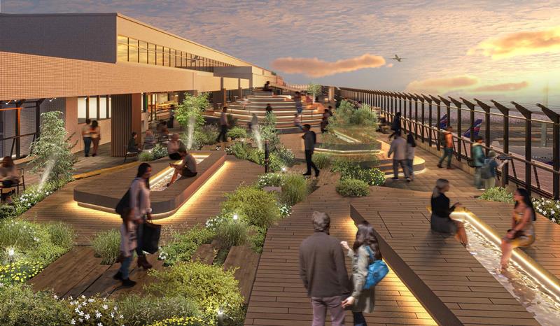 自然が感じられる空間となるウッドデッキが設けられた成田空港第1ターミナル展望デッキのリニューアル後のイメージ(NAA提供)