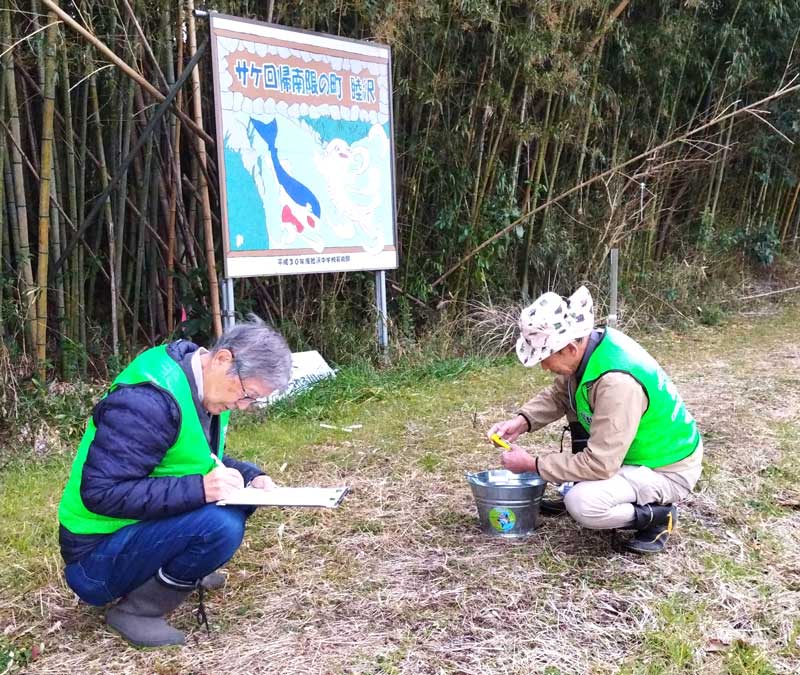 地元の中学生が作った看板の前で瑞沢川の水質調査をする松本さん(左)ら=2月3日、睦沢町(松本さん提供)