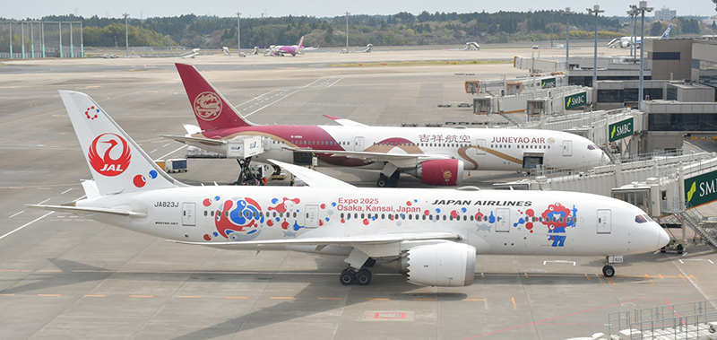 ミャクミャクが塗装されたJALの国際線旅客機(手前)=成田市の成田空港